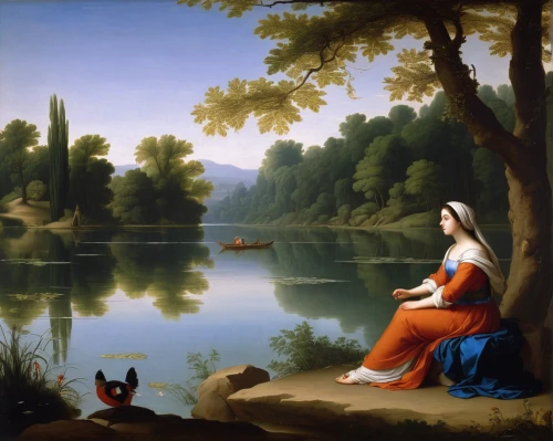 girl on the river,the blonde in the river,woman at the well,river landscape,bougereau,bellini,saint coloman,idyll,the magdalene,the prophet mary,woman praying,the annunciation,praying woman,girl with tree,woman holding pie,girl with a dolphin,source de la sorgue,girl with dog,st. bernard,rusalka,Art,Classical Oil Painting,Classical Oil Painting 33