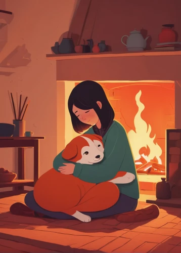warmth,warm and cozy,girl with dog,cat mom,warming,boy and dog,warm heart,hygge,dog illustration,comfort,the dog a hug,companion dog,kitsune,fireside,warm,snuggle,pets,home pet,dog and cat,cuddle,Illustration,Vector,Vector 05