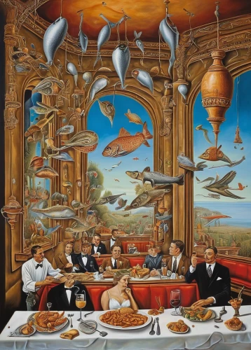 surrealism,last supper,fine dining restaurant,dinner party,portuguese galley,breakfast table,a restaurant,diner,surrealistic,drive in restaurant,the dining board,boardroom,holy supper,leittafel,sistine chapel,dining,round table,long table,buffet,new york restaurant,Illustration,Realistic Fantasy,Realistic Fantasy 40