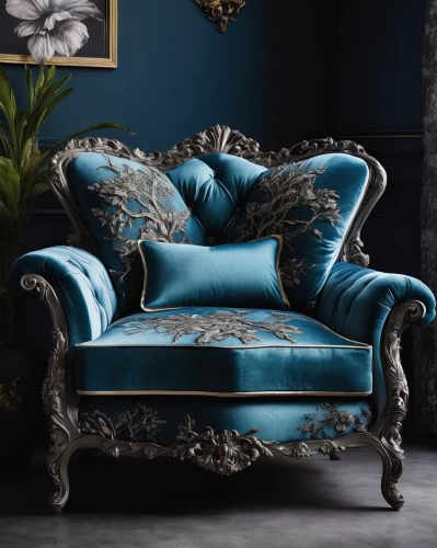 wing chair,mazarine blue,chaise lounge,floral chair,armchair,rococo,chaise longue,damask,antique furniture,damask background,upholstery,sofa set,settee,slipcover,blue pillow,chaise,danish furniture,jasmine blue,ottoman,damask paper,Illustration,Abstract Fantasy,Abstract Fantasy 14