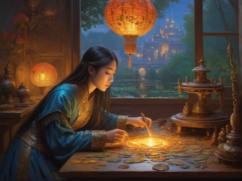 candlemaker,fortune telling,lanterns,chinese art,fortune teller,ball fortune tellers,oriental painting,lantern,mid-autumn festival,tea-lights,meticulous painting,candlelight,illuminated lantern,offerings,tealights,burning candle,yi sun sin,tea light,oriental,lantern string,Art,Artistic Painting,Artistic Painting 04