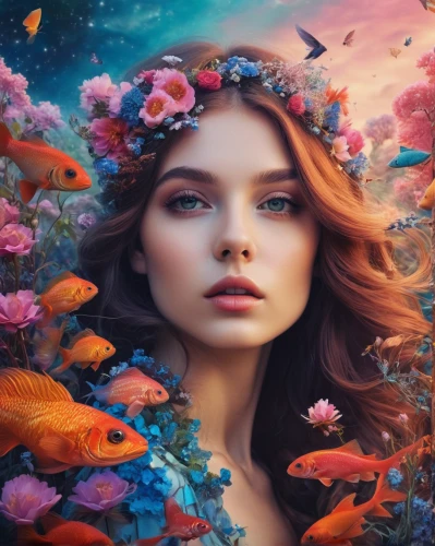 mermaid background,girl in flowers,underwater background,beautiful girl with flowers,fantasy picture,faery,fantasy portrait,fantasy art,ornamental fish,faerie,mystical portrait of a girl,flower fairy,coral reef,flower background,floral background,mermaid vectors,splendor of flowers,sea of flowers,underwater landscape,coral bells,Illustration,Abstract Fantasy,Abstract Fantasy 11