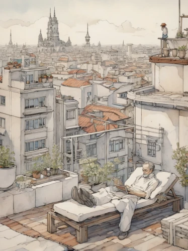 watercolor paris balcony,paris balcony,roof terrace,rooftops,roof landscape,watercolor paris,roof garden,rooftop,roofs,roof top,on the roof,sky apartment,house roofs,roof domes,balcon de europa,watercolor paris shops,riad,housetop,balconies,watercolor cafe,Illustration,Paper based,Paper Based 29