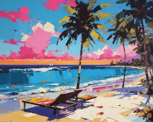 beach landscape,pink beach,summer beach umbrellas,tropical beach,dream beach,miami,kohphangan,umbrella beach,caribbean beach,waikiki beach,cuba beach,tropical sea,honolulu,beach chairs,paradise beach,palmtrees,tropics,delight island,cabana,tropical island,Conceptual Art,Oil color,Oil Color 07