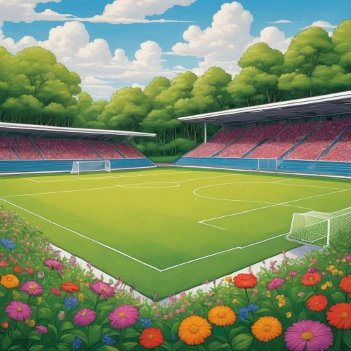 blooming field,forest ground,football pitch,cosmos field,soccer field,field of flowers,playing field,flower field,artificial turf,flowers field,soccer-specific stadium,football field,flower meadow,athletic field,football stadium,tulips field,sport venue,summer meadow,meadow in pastel,sports ground,Illustration,American Style,American Style 03