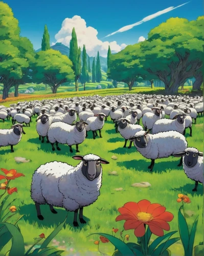 a flock of sheep,flock of sheep,counting sheep,the sheep,sheep,wool sheep,sheeps,sheep portrait,cartoon video game background,sleepy sheep,pasture,blooming field,dwarf sheep,shoun the sheep,herd,plains,spring background,two sheep,studio ghibli,grass family,Illustration,Japanese style,Japanese Style 05