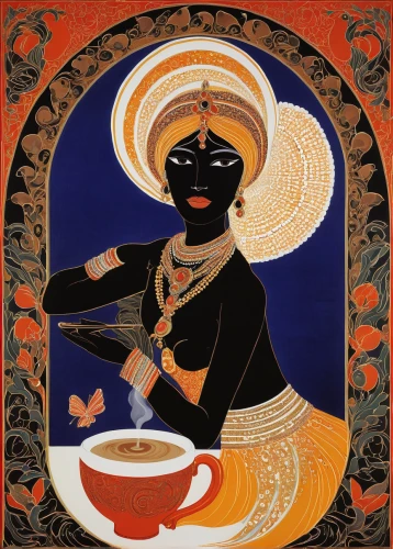 woman drinking coffee,indian art,masala chai,ceylon tea,indian filter coffee,coffee tea illustration,maharashtrian cuisine,krishna,assam tea,khokhloma painting,ayurveda,vajrasattva,ramayana,radha,bengalenuhu,kopi,janmastami,tea drinking,tea service,tea zen,Illustration,Retro,Retro 26