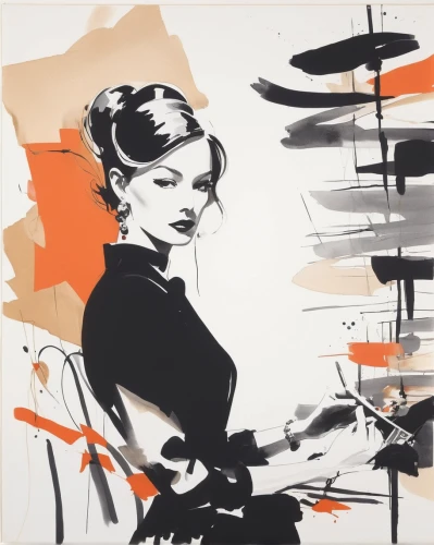 fashion illustration,hepburn,drumming,drummer,jazz drum,vesper,jazz singer,painted lady,paiste,art deco woman,vintage illustration,callas,tambourine,woman playing,vintage drawing,geisha girl,jazz,drum,big band,drumhead,Art,Artistic Painting,Artistic Painting 24