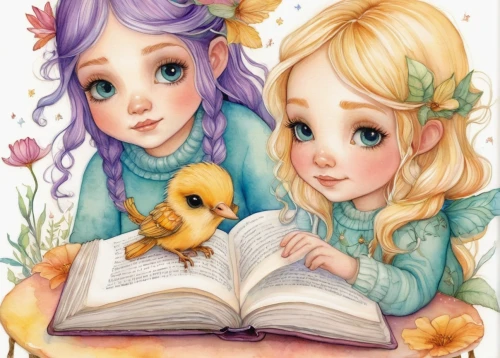fairies,children's fairy tale,fairytale characters,two girls,vintage fairies,little girls,fairy tale character,little angels,flower and bird illustration,bookmark with flowers,kids illustration,fairy tale,fairy tales,fairytales,little girl and mother,princesses,magic book,cute cartoon image,color book,childrens books,Illustration,Abstract Fantasy,Abstract Fantasy 11