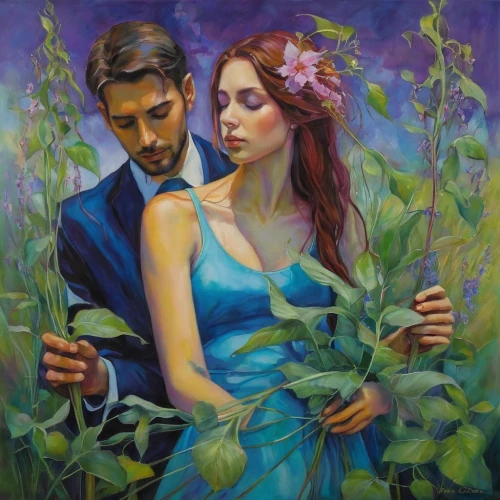 young couple,romantic portrait,holding flowers,la violetta,borage family,oil painting on canvas,wedding couple,man and wife,adam and eve,garden of eden,verbena family,man and woman,with a bouquet of flowers,beautiful couple,oil painting,romantic scene,valensole,florists,couple,art painting,Illustration,Realistic Fantasy,Realistic Fantasy 30