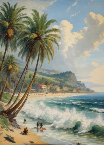 beach landscape,coastal landscape,landscape with sea,beach scenery,sea landscape,pacific coastline,tropical sea,robert duncanson,coconut trees,brazilian beach,mountain beach,tropical beach,palm pasture,coconut palms,laguna beach,landscape background,seascape,coconuts on the beach,molokai,honolulu,Art,Classical Oil Painting,Classical Oil Painting 09