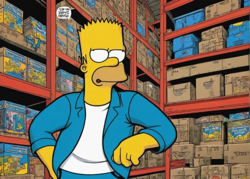 warehouseman,homer simpsons,bart,homer,stockpile,carton man,shopping icon,carton boxes,carton,warehouse,canned food,garbage collector,storage-jar,packaging and labeling,duff,flanders,factory bricks,pallets,comic books,food storage,Illustration,American Style,American Style 14