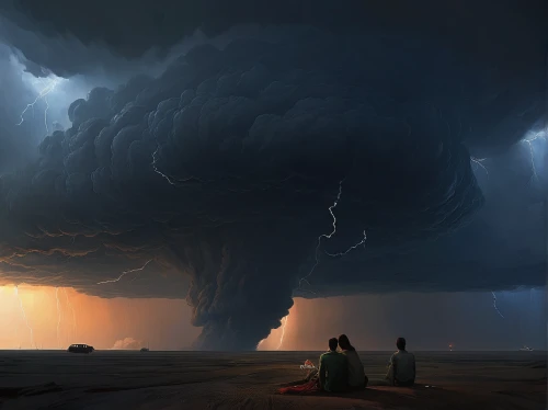 thunderstorm,a thunderstorm cell,tornado,storm,atmospheric phenomenon,nature's wrath,thunderclouds,thunderheads,the storm of the invasion,thunderhead,storm clouds,thundercloud,san storm,eruption,apocalypse,lightning storm,world digital painting,apocalyptic,shelf cloud,the end of the world,Conceptual Art,Sci-Fi,Sci-Fi 07