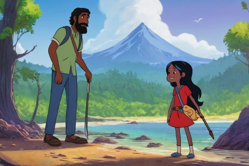 mulan,lilo,girl and boy outdoor,arrowroot family,mowgli,animated cartoon,father and daughter,gobelin,pocahontas,cute cartoon image,hikers,agnes,the spirit of the mountains,mountain spirit,two meters,background image,little boy and girl,father daughter,begonia family,island residents,Illustration,Paper based,Paper Based 03