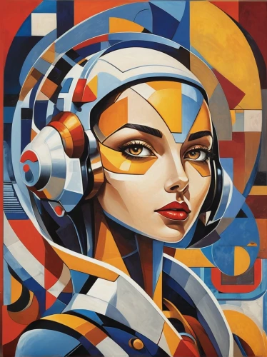 art deco woman,transistor,art deco,cubism,stewardess,head woman,cool pop art,oil painting on canvas,cybernetics,retro woman,biomechanical,andromeda,painting technique,adobe illustrator,abstract artwork,modern pop art,digiart,pop art woman,computer art,pop art style,Art,Artistic Painting,Artistic Painting 45