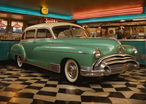 retro diner,chevrolet fleetline,hudson hornet,packard station sedan,buick super,route66,route 66,buick eight,1949 ford,desoto deluxe,american classic cars,chevrolet delray,packard super eight,buick classic cars,buick y-job,buick special,1952 ford,cadillac sixty special,packard sedan,chrysler airflow,Illustration,Realistic Fantasy,Realistic Fantasy 09
