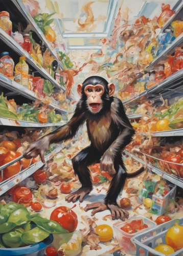 supermarket,chimpanzee,consumption,grocery,frozen food,primates,primate,omnivore,grocery store,supermarket shelf,grocery shopping,grocer,chimp,mankind,common chimpanzee,consumerism,consumer,food spoilage,whole food,great apes,Conceptual Art,Oil color,Oil Color 18