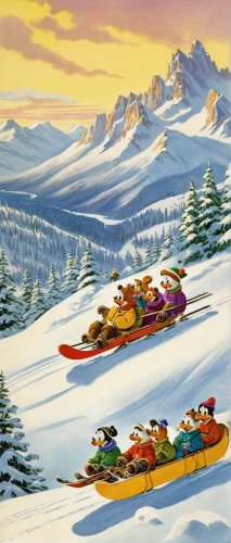 sleigh ride,ski race,sleds,christmas sled,sledding,christmas skiing,gnome skiing,skijoring,ski resort,snow scene,santa sleigh,tubing,skiers,snowmobile,santa claus train,snow slope,pedal boats,ski cross,canoes,winter sports,Illustration,Retro,Retro 18