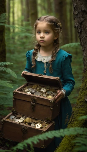 treasure chest,treasures,windfall,children's fairy tale,eight treasures,treasure hunt,vintage doll,salesgirl,girl with bread-and-butter,fortune telling,fairy house,digital compositing,coins,collectible doll,the collector,kids cash register,tokens,faery,acorns,penny tree,Photography,Documentary Photography,Documentary Photography 13