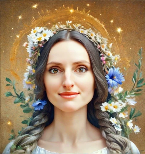 flower crown of christ,fantasy portrait,flower fairy,girl in flowers,mystical portrait of a girl,the angel with the veronica veil,beautiful girl with flowers,girl in a wreath,faerie,faery,virgo,flowers celestial,flower crown,baroque angel,wreath of flowers,marguerite,fairy queen,mary-gold,romantic portrait,blooming wreath