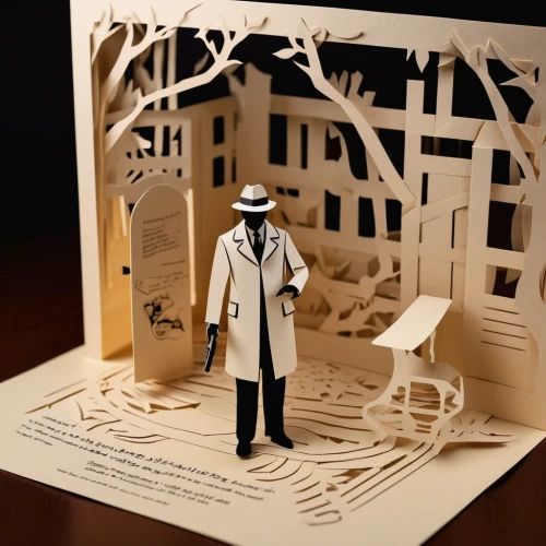 paper art,diorama,investigator,the laser cuts,doctoral hat,pathologist,model kit,3d figure,theoretician physician,private investigator,papercut,cd cover,inspector,clay animation,detective,researcher,sci fiction illustration,cardboard background,3d model,forensic science,Unique,Paper Cuts,Paper Cuts 03
