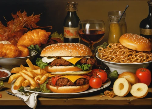 food collage,food styling,food and wine,cuisine of madrid,foods,french food,food platter,typical food,oil painting on canvas,western food,burger and chips,viennese cuisine,food icons,hamburger set,hamburger plate,food presentation,food photography,spanish cuisine,american food,culinary art,Art,Classical Oil Painting,Classical Oil Painting 21