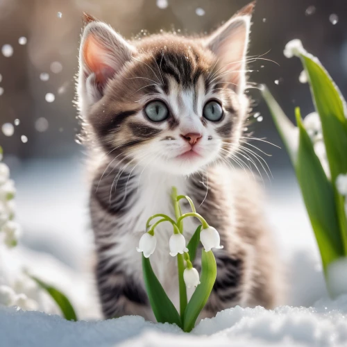 snowdrop,tulip on snow,snowdrops,cute cat,blossom kitten,snow peas,winter animals,snow scene,snow crocus,snowshoe,winter background,flower cat,playing in the snow,in the snow,summer snowflake,first snow,blue eyes cat,snowfall,tabby kitten,snowflake background,Photography,General,Cinematic