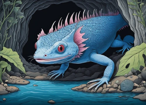 axolotl,water creature,coelacanth,cynorhodon,forest fish,lissotriton,ankylosaurus,merfolk,whiptail,cretoxyrhina,real gavial,cuthulu,gavial,anthropomorphized animals,temperowanie,mole salamander,terrestrial vertebrate,digital illustration,chroicocephalus ridibundus,eleutherodactylus,Art,Artistic Painting,Artistic Painting 50