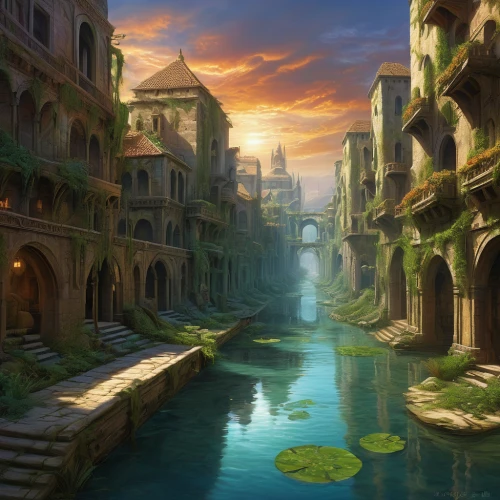 ancient city,fantasy landscape,fantasy picture,world digital painting,fantasy city,city moat,medieval town,fantasy art,venetian,arcanum,canals,3d fantasy,backwater,imperial shores,riad,fantasy world,medina,elphi,merida,the ancient world,Illustration,American Style,American Style 07