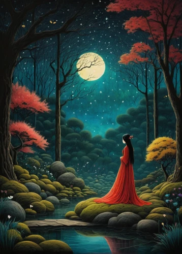 red riding hood,little red riding hood,fantasy picture,the night of kupala,moonlit night,forest of dreams,night scene,fantasy art,fairy tale,girl with tree,children's fairy tale,enchanted forest,fantasia,fairy tale character,fairy tales,fairytales,fairy forest,fairytale,carol colman,a fairy tale,Illustration,Abstract Fantasy,Abstract Fantasy 19