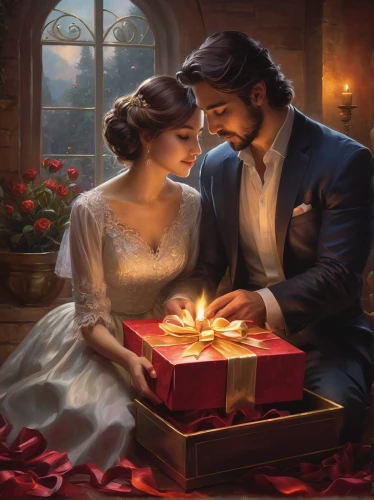 romantic portrait,romantic scene,the occasion of christmas,christmas picture,christmas congratulations,the gifts,wedding invitation,romantic look,gift box,beautiful couple,red gift,saint valentine's day,gift boxes,wedding couple,opening presents,modern christmas card,romantic,valentine calendar,a gift,christmas scene,Conceptual Art,Fantasy,Fantasy 13