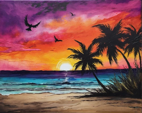 beach landscape,sunset beach,watercolor palm trees,tropical beach,tropical sea,coast sunset,watercolor background,beach background,sunrise beach,tropical birds,bird painting,oil pastels,beach scenery,colored pencil background,oil painting on canvas,art painting,south seas,seascape,boho art,tropical island,Illustration,Paper based,Paper Based 06