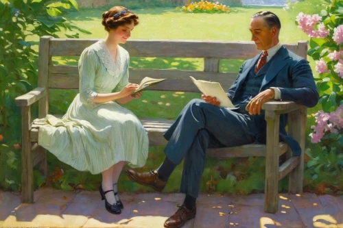 young couple,romantic portrait,readers,conversation,vintage man and woman,idyll,courtship,two people,e-book readers,reading,man and wife,romantic scene,work in the garden,man and woman,serenade,old couple,garden bench,in the garden,painting technique,vintage boy and girl,Art,Classical Oil Painting,Classical Oil Painting 15