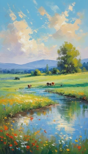 meadow landscape,meadow in pastel,rural landscape,summer meadow,river landscape,salt meadow landscape,landscape background,farm landscape,green meadows,pasture,spring meadow,cow meadow,blooming field,green meadow,clover meadow,springtime background,grasslands,idyllic,meadows,field of flowers,Conceptual Art,Oil color,Oil Color 10