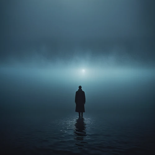 the man in the water,sleepwalker,man at the sea,walk on water,to be alone,the body of water,solitary,dense fog,mist,the people in the sea,hooded man,isolated,loneliness,eerie,the wanderer,adrift,mysterious,the fog,solitude,wanderer,Photography,Documentary Photography,Documentary Photography 27