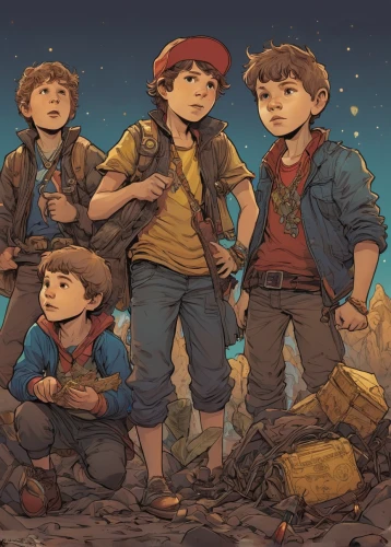 kids illustration,mountaineers,boy scouts,scouts,pathfinders,travelers,dipper,hikers,treasure hunt,river pines,miners,adventure game,adventure,adventurer,forest workers,pines,sea scouts,children of war,exploration,children's background,Illustration,Realistic Fantasy,Realistic Fantasy 12