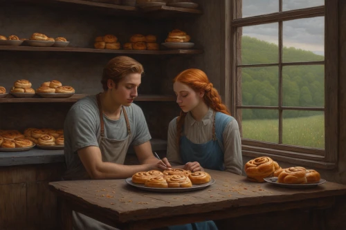 girl with bread-and-butter,bakery,braiding,pastries,freshly baked buns,loaves,croissants,grant wood,pâtisserie,pastry shop,knead,young couple,brioche,sweet rolls,sweet pastries,baking bread,schnecken,breads,bakery products,fresh bread,Conceptual Art,Daily,Daily 30