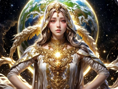 zodiac sign libra,priestess,golden wreath,mother earth,star mother,golden crown,libra,gaia,zodiac sign gemini,celestial,mary-gold,goddess of justice,amano,sorceress,the enchantress,golden apple,virgo,fantasy portrait,deity,fantasy art