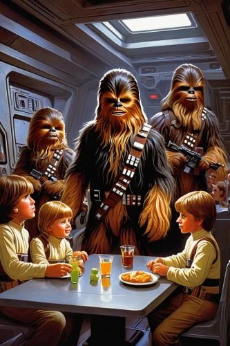 chewbacca,family dinner,kids' meal,family outing,diner,family gathering,family picnic,starwars,star wars,family reunion,dinner party,harmonious family,last supper,romantic dinner,breakfast table,dining,cg artwork,breakfast on board of the iron,ginger family,chewy,Conceptual Art,Sci-Fi,Sci-Fi 15