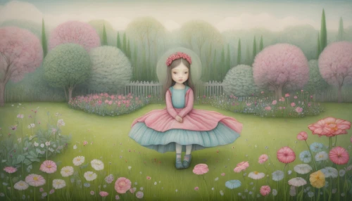 meadow in pastel,girl in the garden,springtime background,spring background,wonderland,girl in flowers,rosa 'the fairy,rosa ' the fairy,fairy forest,flower garden,blooming field,spring meadow,field of flowers,fairy world,garden fairy,girl picking flowers,flower background,little girl fairy,fairy tale character,clove garden,Illustration,Abstract Fantasy,Abstract Fantasy 06