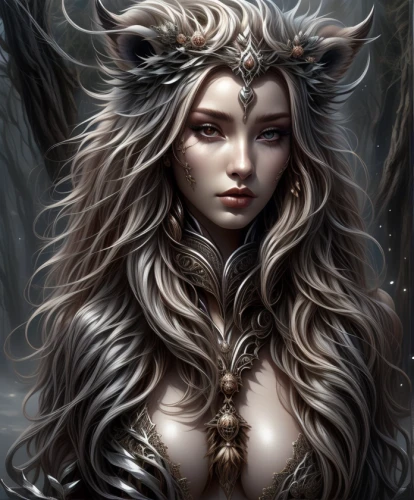 fantasy art,the enchantress,fantasy portrait,faun,sorceress,dryad,huntress,dark elf,faery,faerie,fantasy woman,harpy,priestess,elven,nebelung,warrior woman,gryphon,feline,lioness,howling wolf