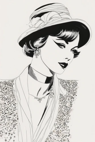 fashion illustration,art deco woman,flapper,vintage drawing,fashionista from the 20s,roaring twenties,twenties women,hepburn,vintage illustration,roaring 20's,hat retro,vintage woman,retro 1950's clip art,the hat-female,panama hat,vintage women,vintage fashion,fashion vector,ladies hat,trilby,Art,Artistic Painting,Artistic Painting 24