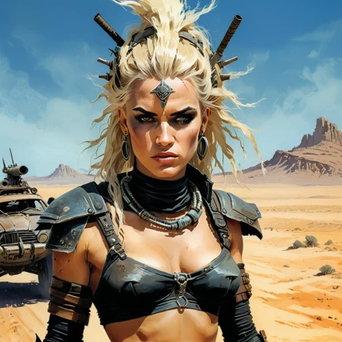 mad max,female warrior,warrior woman,callisto,alien warrior,streampunk,mohawk,desert background,wasteland,artemisia,massively multiplayer online role-playing game,game art,fantasy warrior,desert fox,mohawk hairstyle,cynara,dark elf,sci fiction illustration,world digital painting,fantasy art,Conceptual Art,Fantasy,Fantasy 08