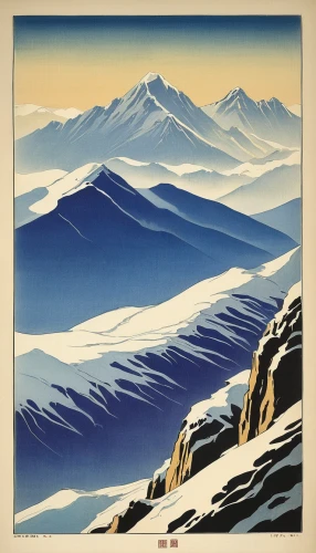 travel poster,cool woodblock images,mountain scene,snowy peaks,woodblock prints,snowy mountains,snow mountain,snow mountains,snow landscape,himalaya,mountain landscape,kamchatka,ortler winter,winter landscape,mountains snow,alpine crossing,japanese alps,kilimanjaro,mountainous landscape,moutains,Illustration,Japanese style,Japanese Style 21