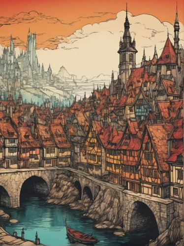 oktoberfest background,nuremberg,tübingen,bamberg,bern,muenster,regensburg,medieval town,rothenburg,erfurt,fantasy city,dresden,hanseatic city,freiburg,new-ulm,charles bridge,bremen,escher village,transylvania,city of münster,Illustration,Retro,Retro 25