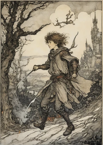 arthur rackham,the pied piper of hamelin,kate greenaway,the wanderer,hamelin,jrr tolkien,forest man,throwing leaves,little girl in wind,heroic fantasy,woodsman,children's fairy tale,pall-bearer,lamplighter,hobbit,game illustration,wanderer,pilgrim,fairy tale character,fae,Illustration,Retro,Retro 25