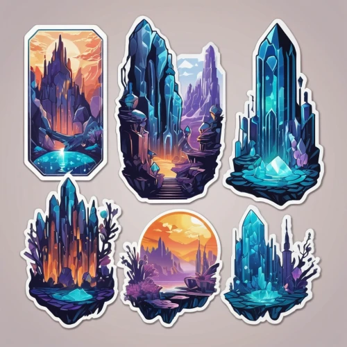 leaf icons,set of icons,sea caves,icon set,fairy tale icons,moutains,crystals,elements,crown icons,mountains,rock formations,snowy peaks,five elements,snowglobes,mushroom landscape,backgrounds,watercolor arrows,chasm,mountain world,mountain range,Unique,Design,Sticker