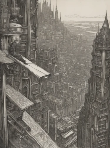 metropolis,destroyed city,city cities,sci fiction illustration,black city,escher,cityscape,high-rises,tall buildings,sky city,futuristic landscape,aerial landscape,futuristic architecture,skycraper,fantasy city,skyscraper town,cities,ancient city,sci fi,urbanization,Illustration,Black and White,Black and White 28