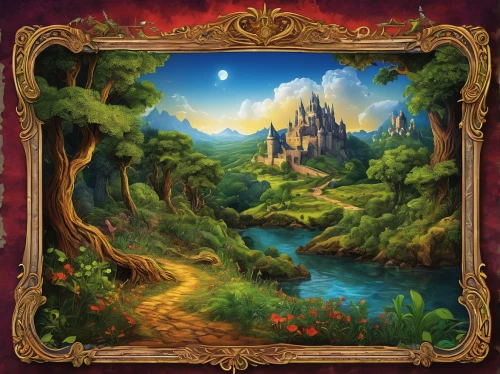 fantasy landscape,druid grove,fairy world,magical adventure,fantasy world,enchanted forest,landscape background,game illustration,treasure map,backgrounds,fairy tale,frame border illustration,forest background,fantasy picture,the mystical path,elves flight,a fairy tale,3d fantasy,children's fairy tale,fairy village,Art,Classical Oil Painting,Classical Oil Painting 08