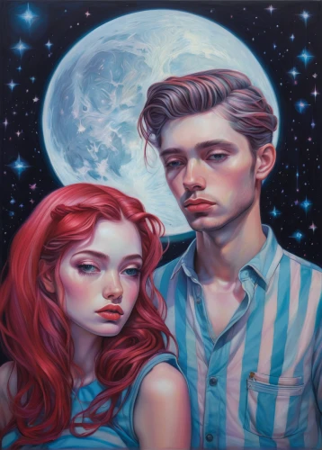 honeymoon,young couple,the moon and the stars,celestial bodies,gemini,vintage boy and girl,moon and star,romantic portrait,blue moon rose,stars and moon,herfstanemoon,blue moon,oil painting on canvas,boy and girl,sun and moon,the stars,oil on canvas,couple,twiliight,two people,Conceptual Art,Daily,Daily 15